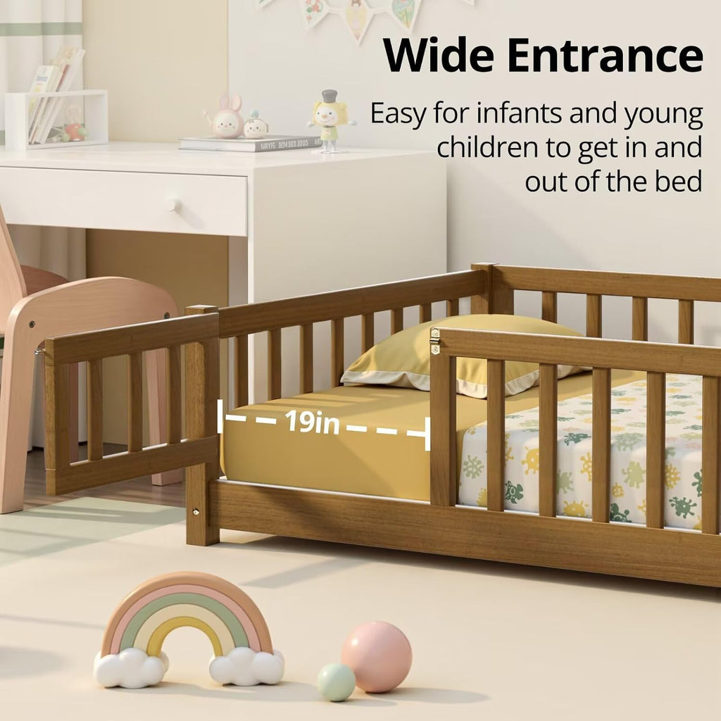 i-POOK Twin Floor Bed Frame with Wood Slats, High Fence & Small Door, Pinewood Montessori Floor Bed for Girls and Boys,Light Espresso