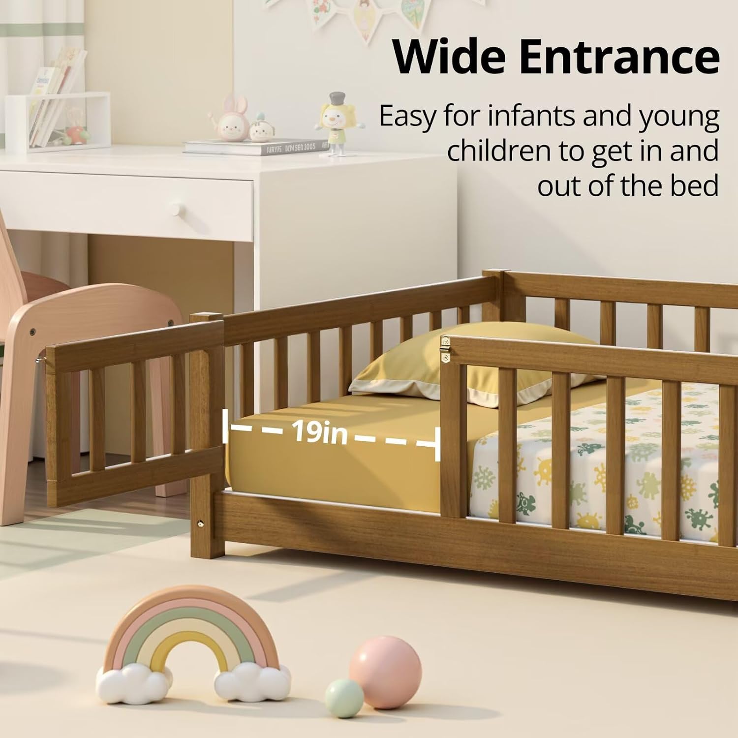 i-POOK Twin Floor Bed Frame with Wood Slats, High Fence & Small Door, Pinewood Montessori Floor Bed for Girls and Boys,Light Espresso