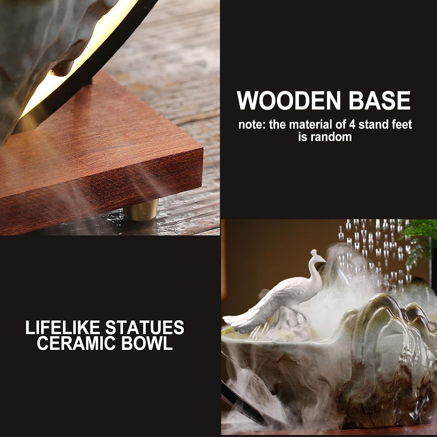Peacock Tabletop Indoor Waterfall Fountain with Light - Backflow Incense Burner, Ceramic Zen Decor for Home Office Yoga Meditation