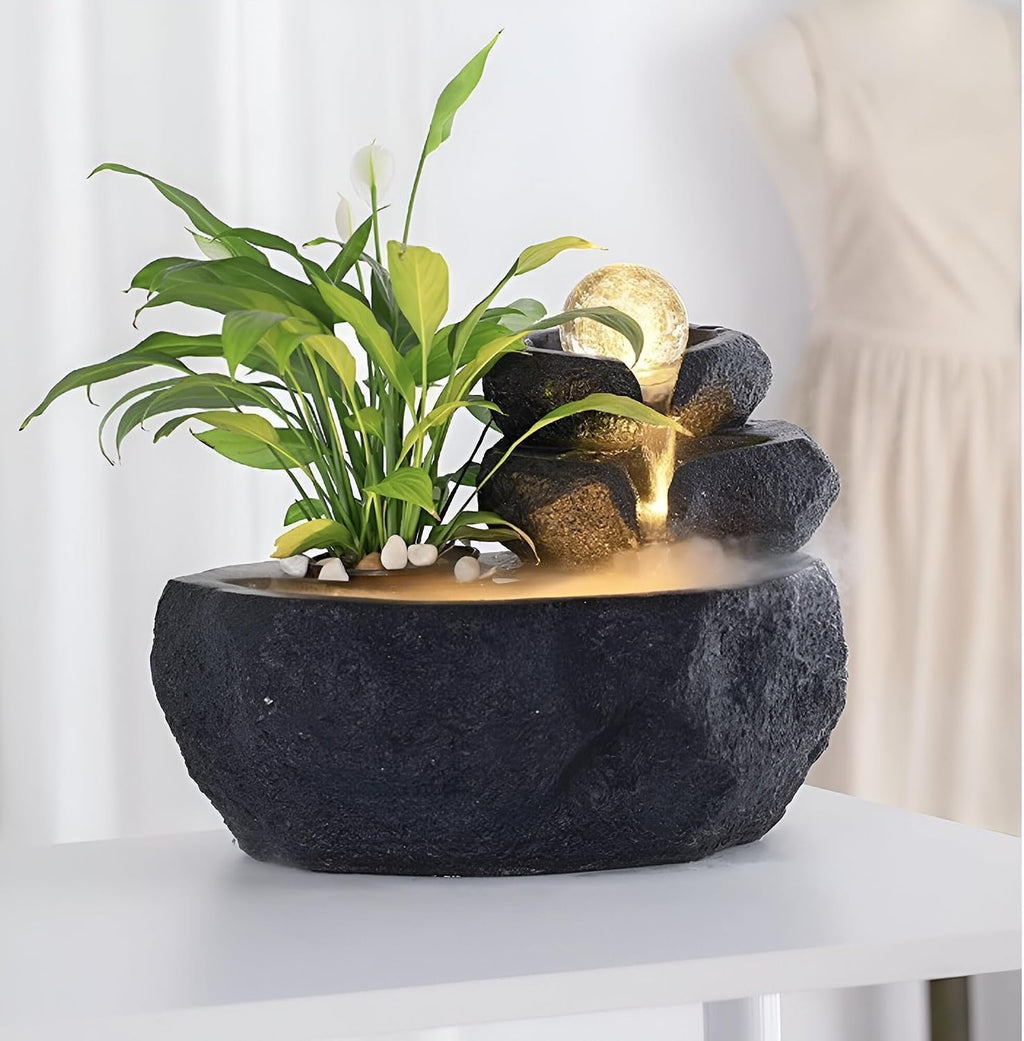 11.42' Indoor Tabletop Fountain with 3-Tier Flow, RGB LED Lights, Decorative Bubble Ball, Mist Maker & 10 Natural Crystals – Zen Resin Waterfall for Home Office Decor & Meditation (Black)