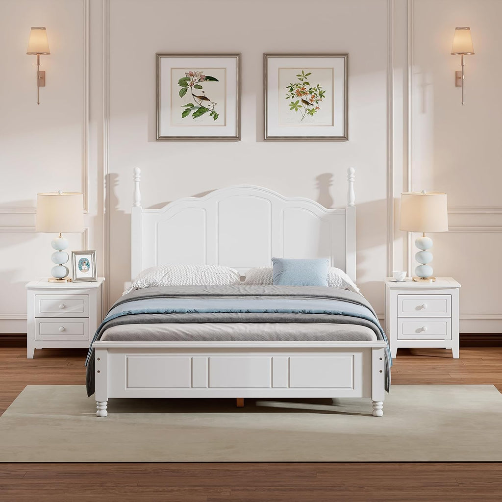 Merax 3 Pieces Modern Wood Bedroom Set with Full Size Platform Bed, 2 Nightstands with Drawers White