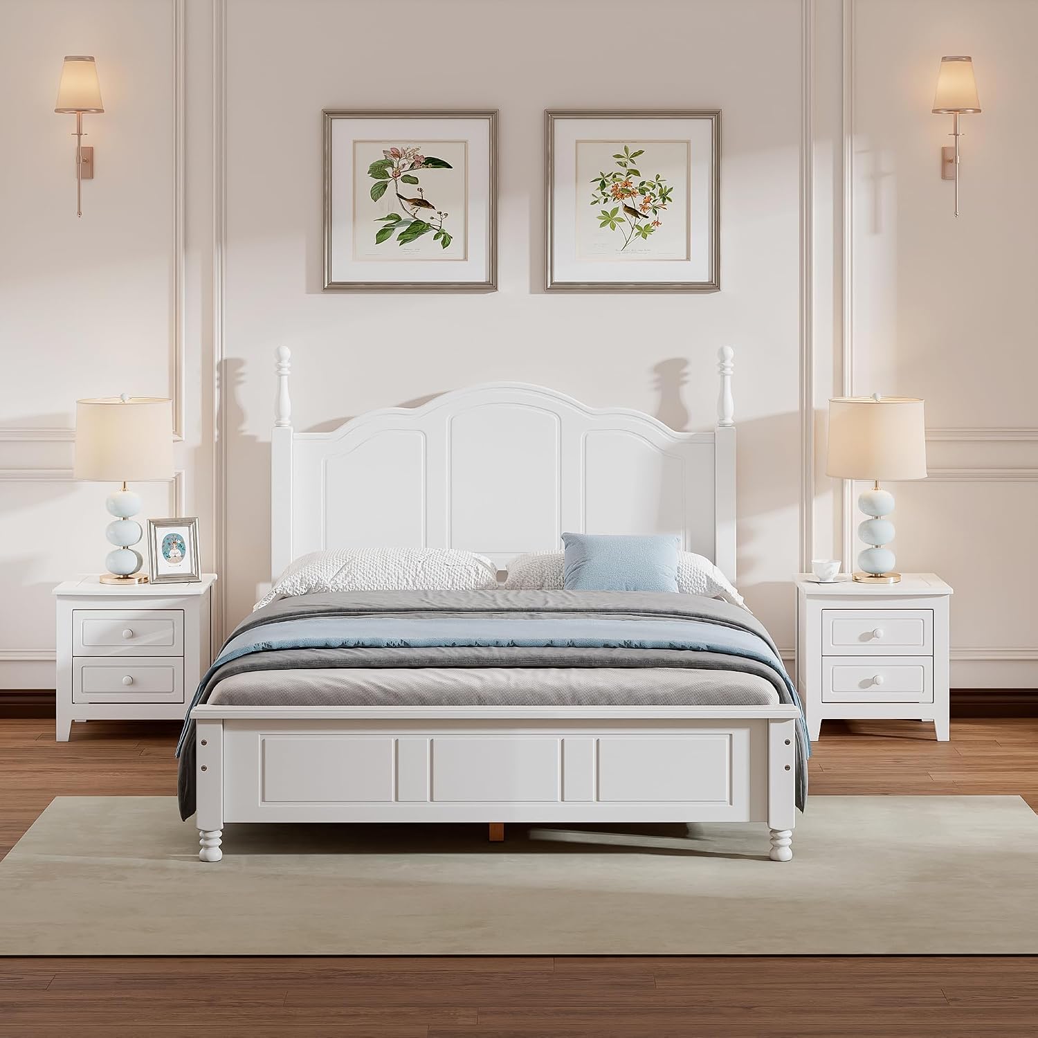 Merax 3 Pieces Modern Wood Bedroom Set with Full Size Platform Bed, 2 Nightstands with Drawers White