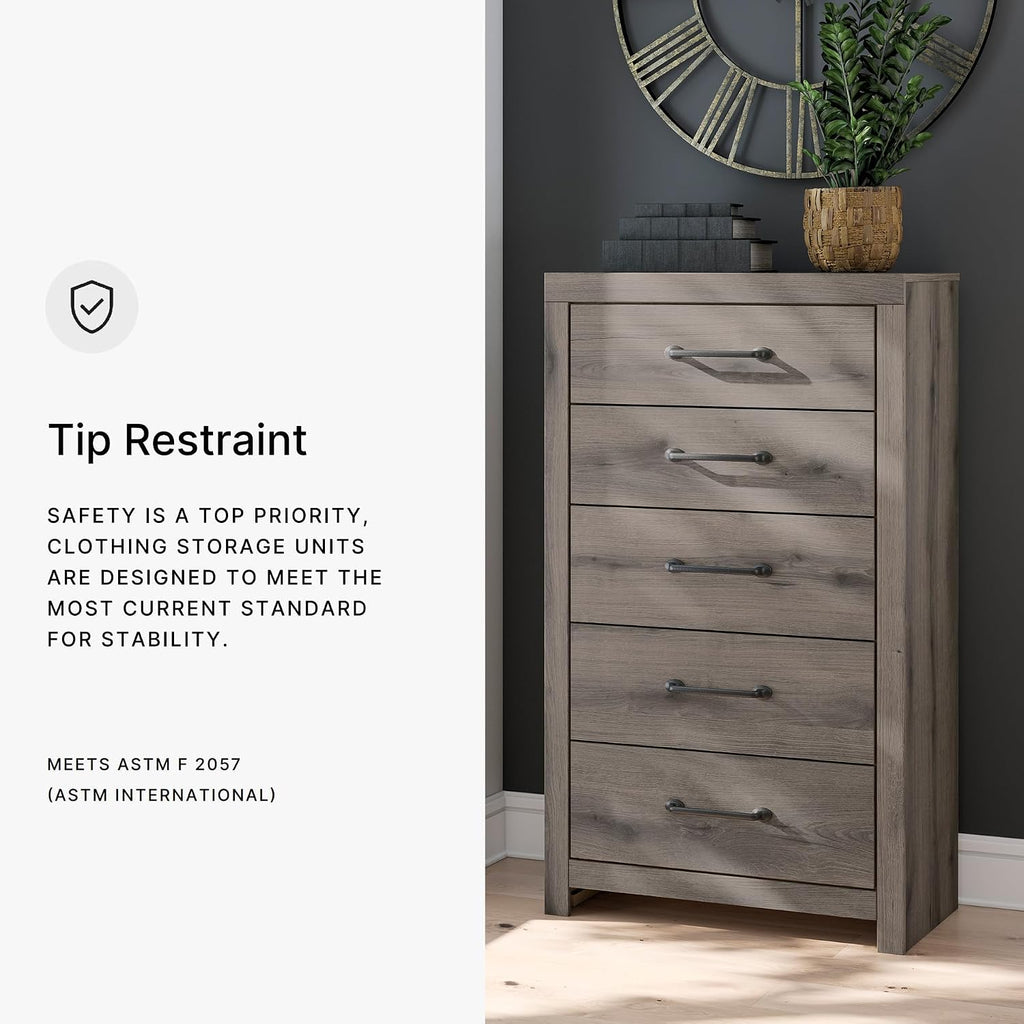 Signature Design by Ashley Urbanoore Rustic 5-Drawer Chest of Drawers with Safety Stop, Gray