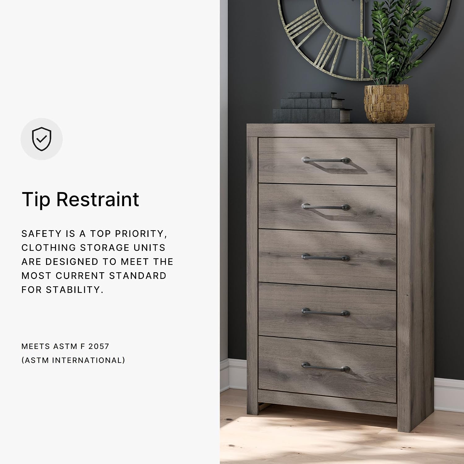 Signature Design by Ashley Urbanoore Rustic 5-Drawer Chest of Drawers with Safety Stop, Gray
