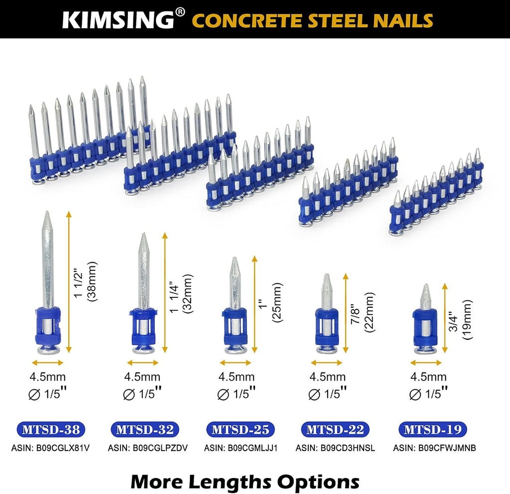 10 Boxes - KIMSING MTSD-19 12 Gauge 3/4 Inch X .109 Inch Smooth Shank Plastic Collated Concrete and Steel Drive Pin Mechanical Galvanized for Gas Power Concrete and Steel Nailer 1,000 PCS/Box