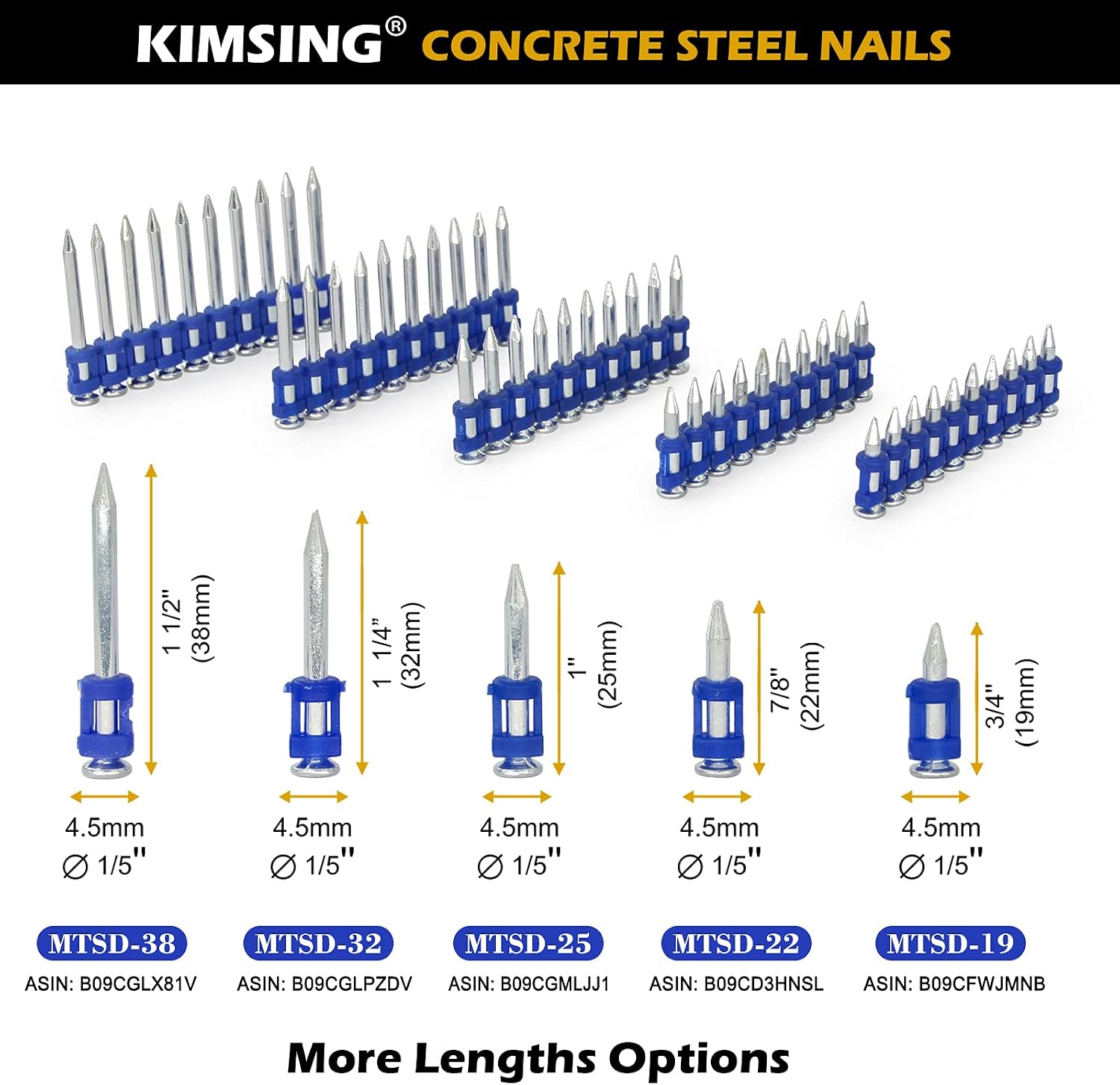 10 Boxes - KIMSING MTSD-19 12 Gauge 3/4 Inch X .109 Inch Smooth Shank Plastic Collated Concrete and Steel Drive Pin Mechanical Galvanized for Gas Power Concrete and Steel Nailer 1,000 PCS/Box