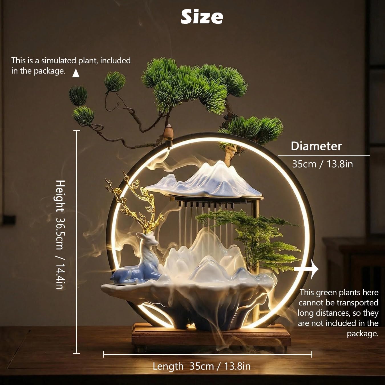 Tabletop Water Fountain Ceramic Deer Statue - Backflow Incense Holder with Adjustable USB LED Light Ring, Quiet Mini Indoor Waterfall Water Feature for Home Office Meditation Zen Relaxation Gift