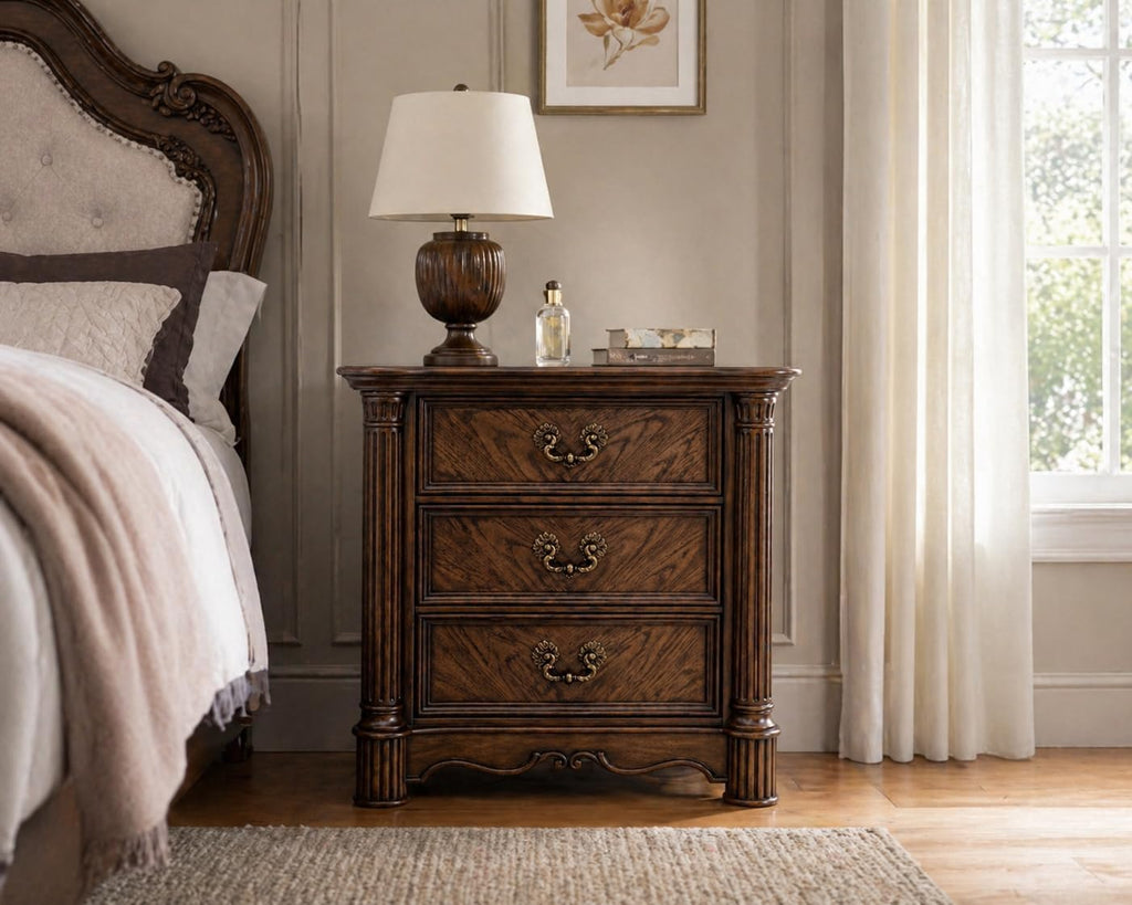 First of a Kind Traditional Wood Bedside Table Nicole Collection Rich Walnut Finish Classic European Design Bedside Table Carved Detailing Elegant Coordinated Furniture Piece