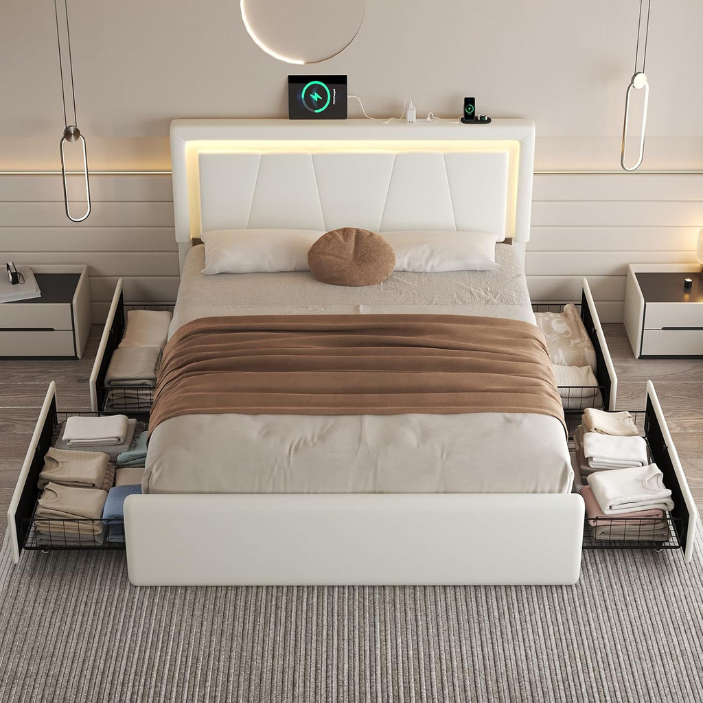 LoVinson Full Size Bed Frame with 4 Storage Drawers, Charging Station and LED Light, Adjustable Upholstered Headboard, Noise-Free, No Box Spring Needed, Easy Assembly, White