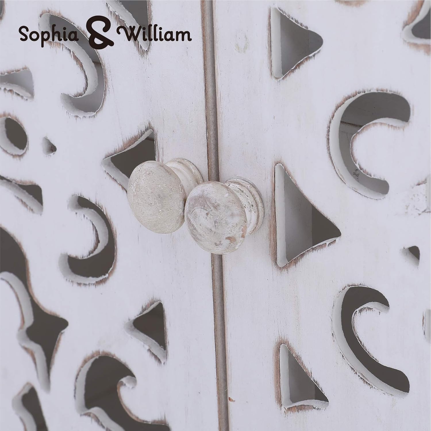 Sophia & William Accent Cabinet with 2 Doors, Distressed Storage Cabinet with Wood Frame and Hollow-Carved Door for Entryway Living Room, White