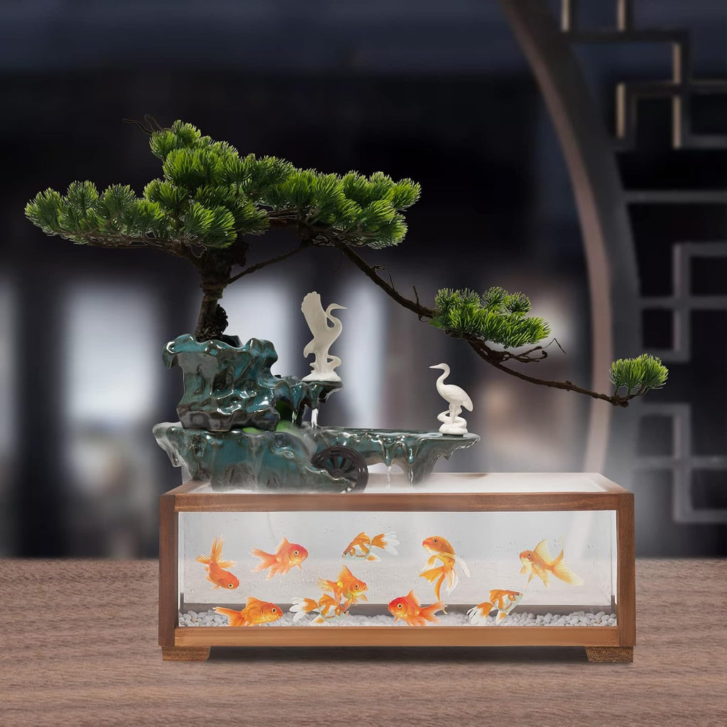 Tabletop Water Fountains Indoors with LED Light, Fake Plants，Rockery and Aquariums Water Fall Indoor for Living Room Office Decor (Fish Tank Size: 17.7L x 8.3W x 6H Inch