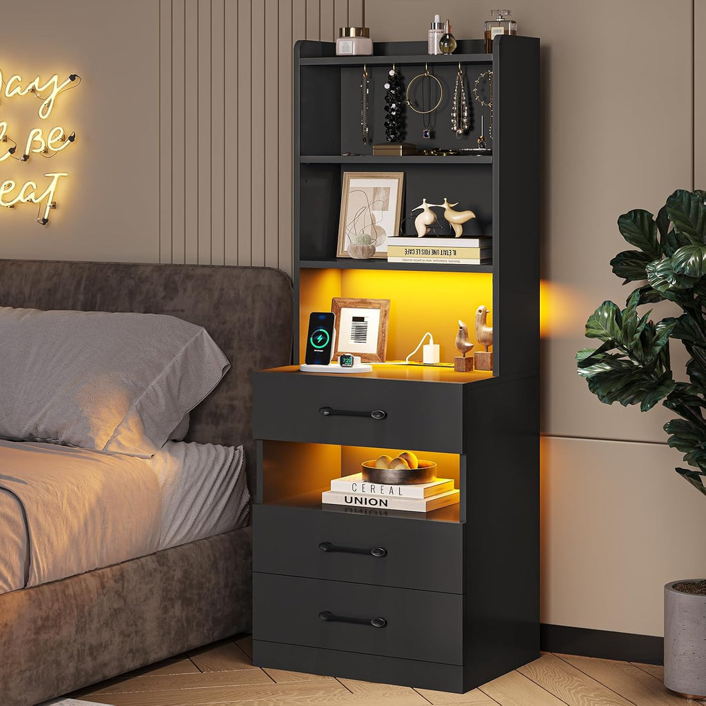 VIAGDO Tall Nightstand Set of 2 with Charging Station and LED Lights, Black Night Stand Set 2 with Bookshelf, Modern LED Bedside Tables with 3 Drawers and Storage Shelves, Side Tables for Bedrooms