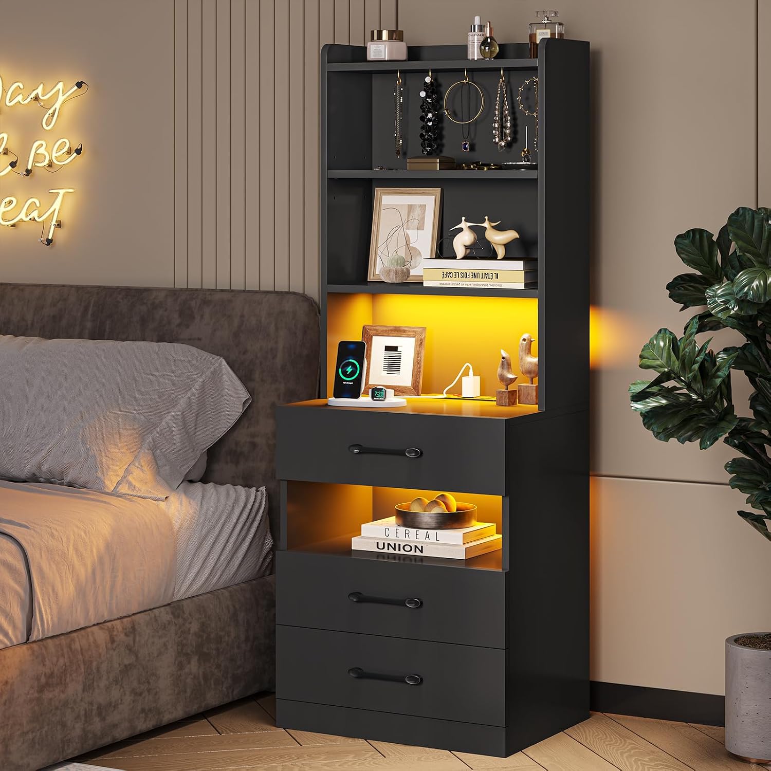 VIAGDO Tall Nightstand Set of 2 with Charging Station and LED Lights, Black Night Stand Set 2 with Bookshelf, Modern LED Bedside Tables with 3 Drawers and Storage Shelves, Side Tables for Bedrooms