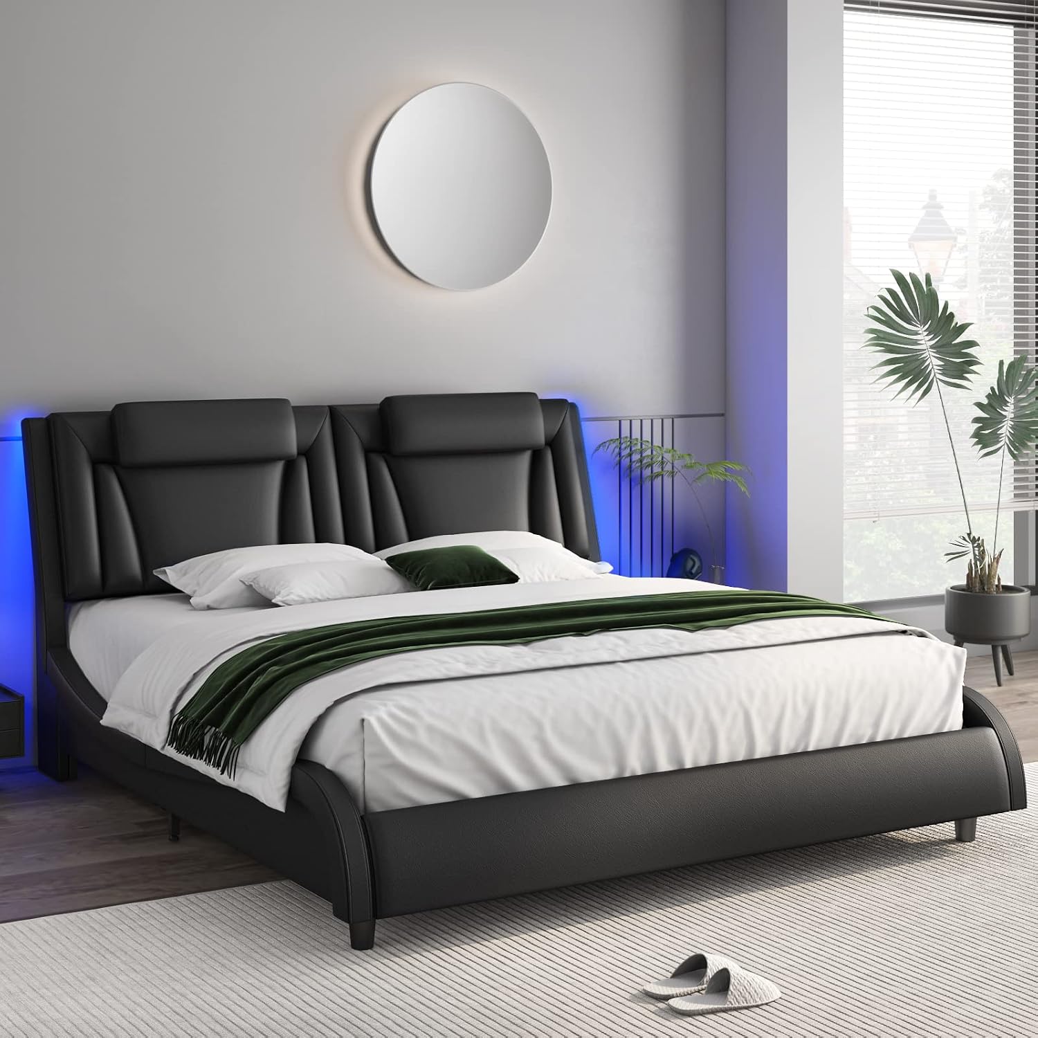 Keyluv Queen Size LED Bed Frame with Adjustable Headboard & Removable Pillow, PU Leather Upholstered Platform Bed, Wave-Like Curve Safety Design, Solid Wooden Slats Support, Easy Assembly, Black