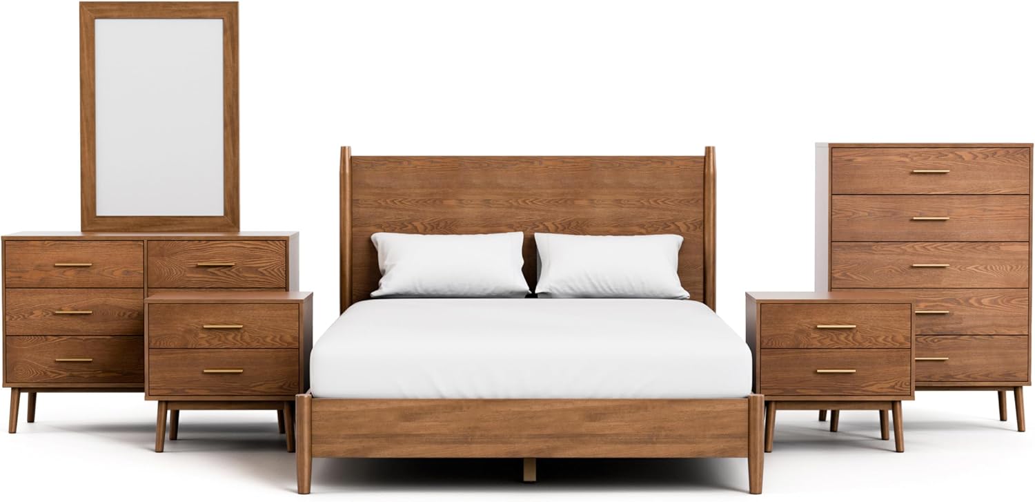 Furniture of America Wyatt Modern Solid Wood Bedroom Collection with Queen Bed Frame, Nightstands, Dresser with Mirror, Chest, No Box Spring Needed, Walnut, Standard Platform, 6-Piece Set