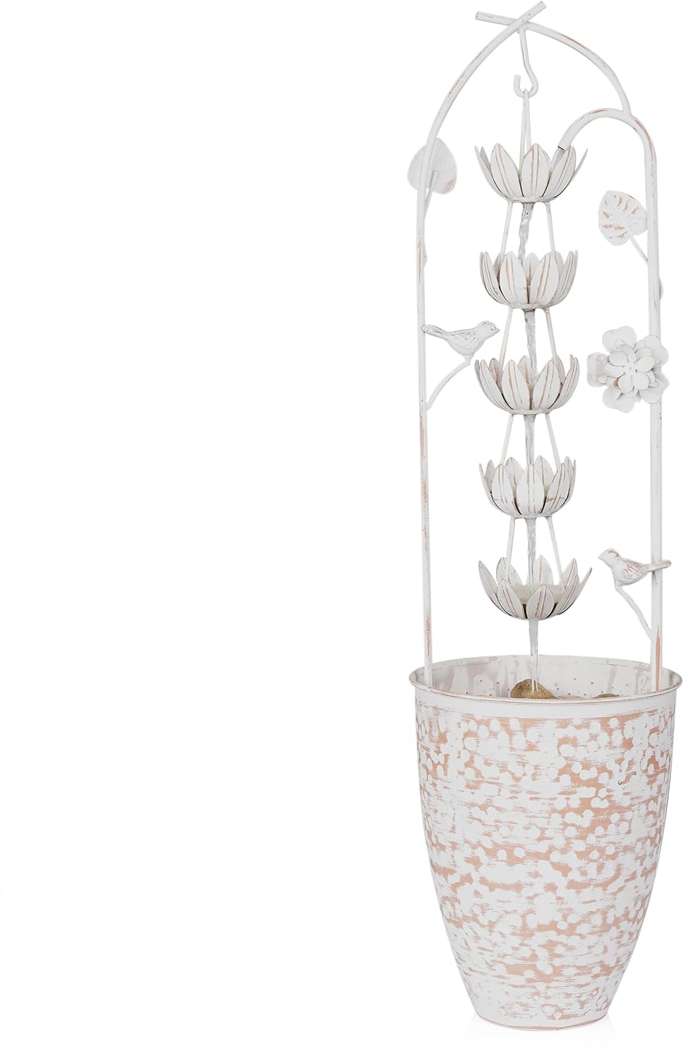 Alpine Corporation 30' Tall Metal Rustic Water Fountain with Decorative Flower, Cascading Waterfall Feature for Gardens, Patios, and Outdoor Decor, White
