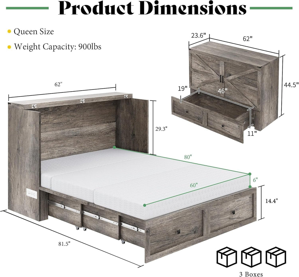 LUXOAK Queen Murphy Bed with 6' White Tri-Fold Memory Foam Mattress, Storage Drawer & Charging Station, Space-Saving Design for Home Office or Guest Room, Rustic Grey