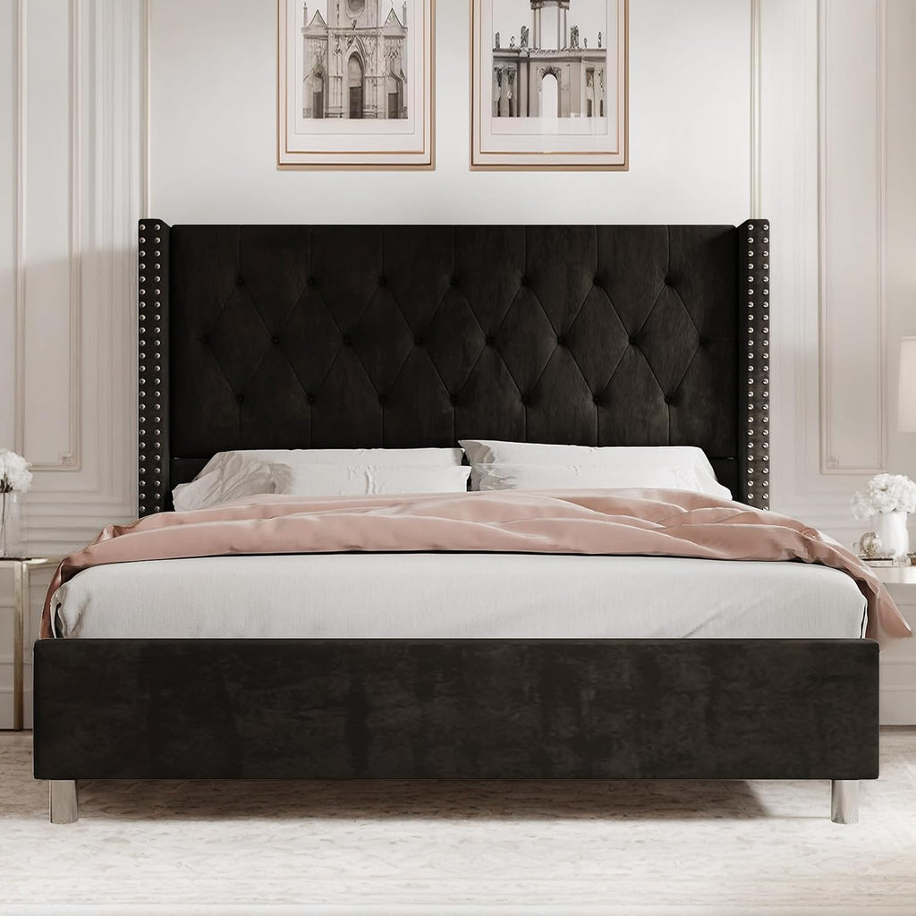 PaPaJet Upholstered Queen Bed Frame with Tall Headboard, Wingback Platform Bed, Low Profile Velvet Tufted Button, No Box Spring Needed, Easy Assembly, Black