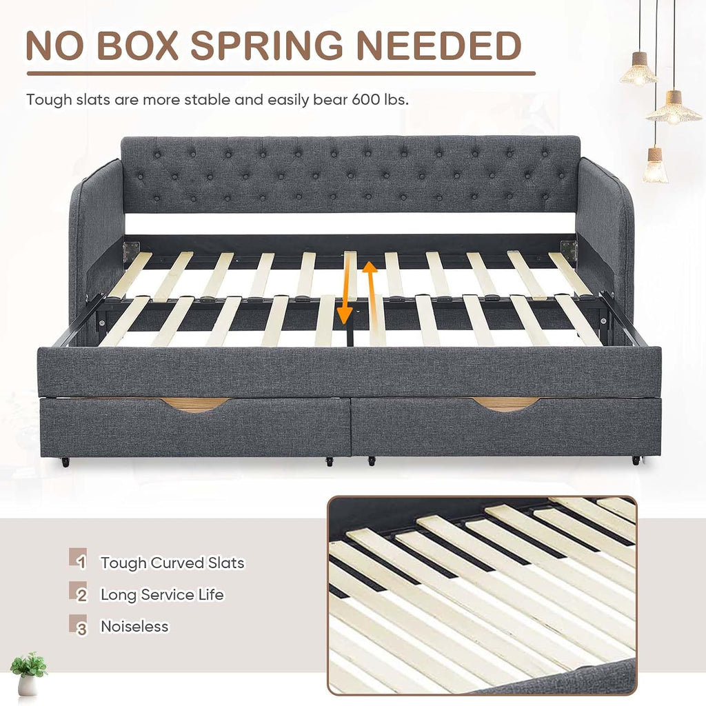 Antetek 80.5' Daybed with Drawer, Modern Button Tufted Linen Day Bed with Trundle Bed Twin to King, Upholstered Daybed Frame w/Storage Pocket for Bedroom, Living Room, No Box Spring Needed, Dark Grey