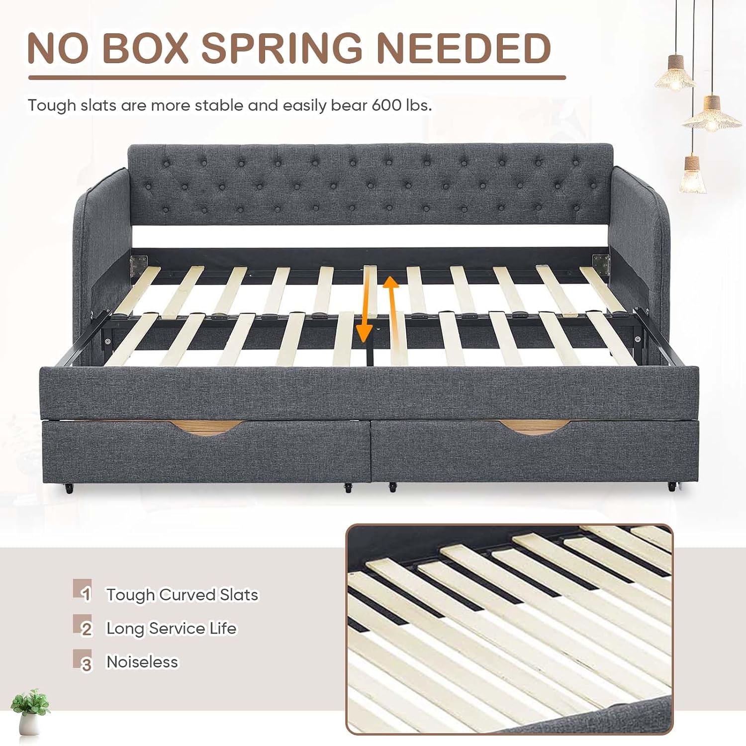 Antetek 80.5' Daybed with Drawer, Modern Button Tufted Linen Day Bed with Trundle Bed Twin to King, Upholstered Daybed Frame w/Storage Pocket for Bedroom, Living Room, No Box Spring Needed, Dark Grey