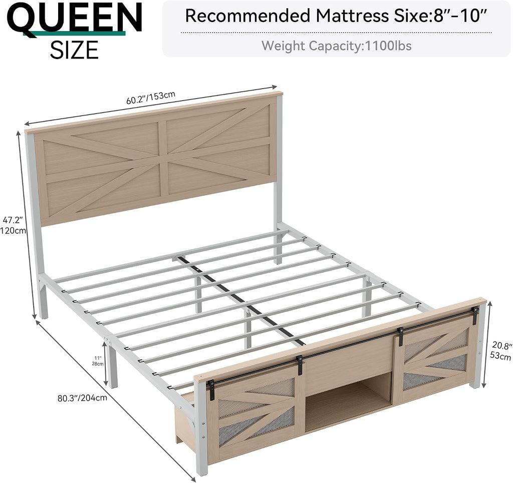 YITAHOME Queen Size Farmhouse Bed Frame with Sliding Barn Door Storage Cabinets, Platform Bed Frame with 47.2' Headboard, Solid Metal Slats Support, Noiseless, No Box Spring Needed, Oak