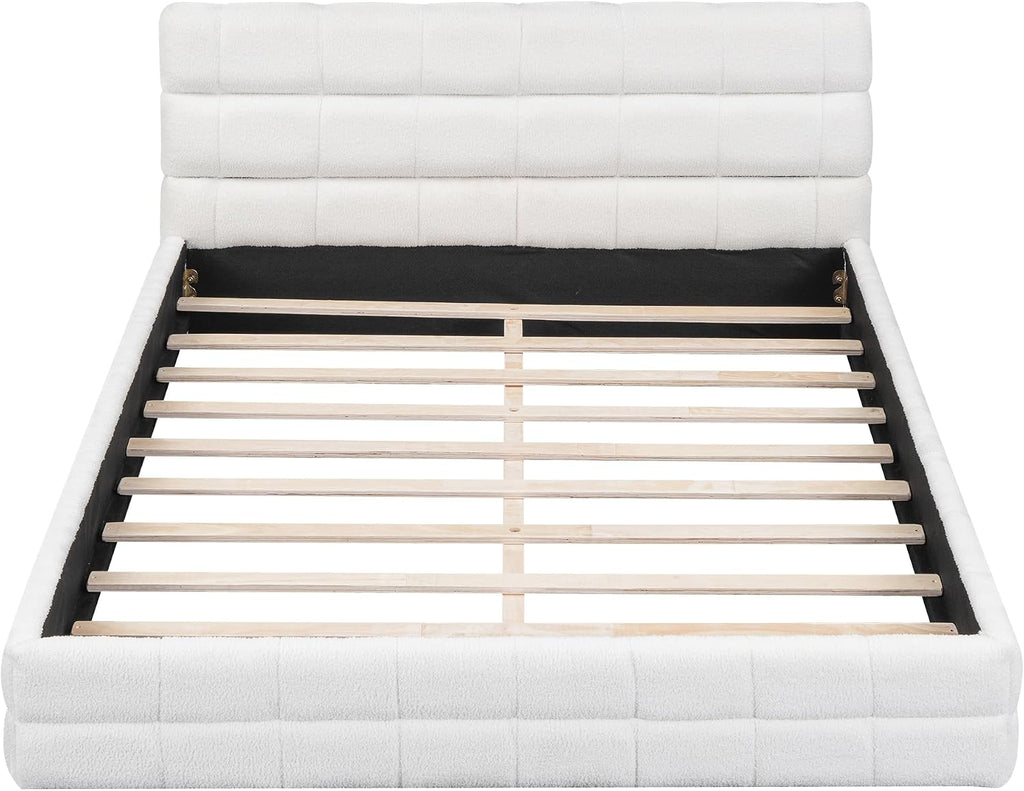 Ball & Cast Queen Size Low Bed Frame with Soft Fleece Headboard, Grounded Floor Platform Bed with Wood Slats Support for Kids Teens Adults,No Box Spring Needed,Easy Assembly,White