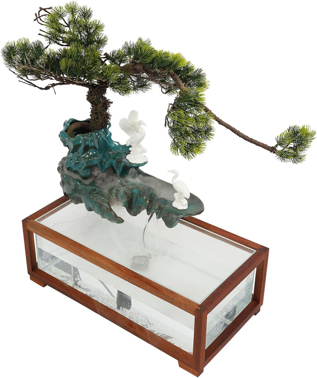 Desktop Waterfall Fountain with Fish Tank, Ceramic Statues, Rockery Bonsai Humidifier with LED Light, Indoor Tabletop Fountains, Aquariums, Plant for Home Office Desk Decor (Style 1)