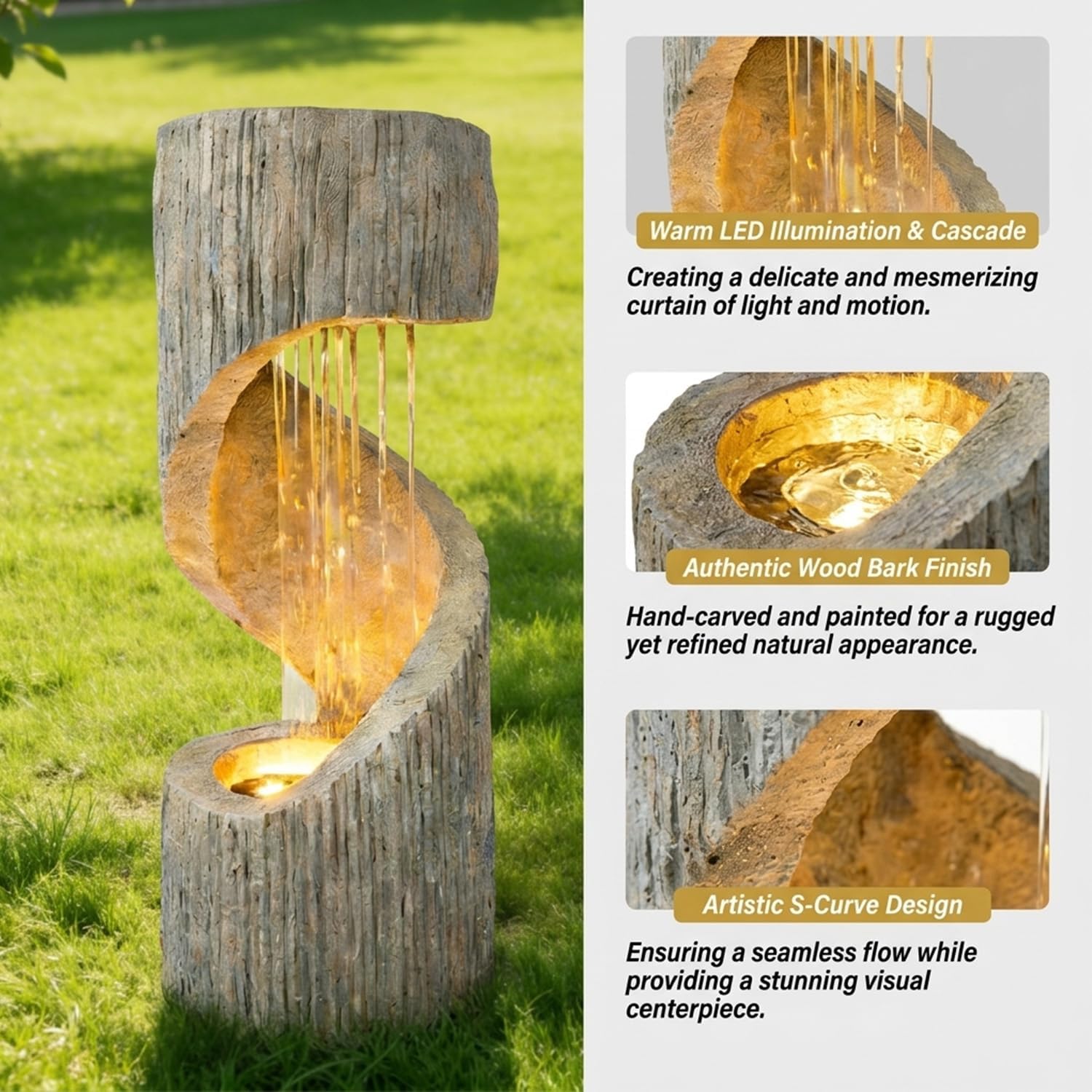 Outdoor Decorative Garden Fountain with LED Lights,39.4-inch High-Rotation Fountain Water Feature