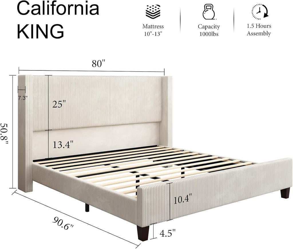 HOWE California King Bed Frame with 50.8' Tall Wingback Headboard, Modern Corduroy Upholstered Platform Bed Frame with Solid Wood Slats & Legs, No Box Spring Needed, Noise-Reducing Design, Cream