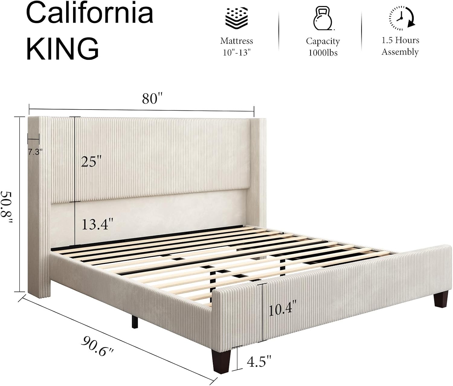 HOWE California King Bed Frame with 50.8' Tall Wingback Headboard, Modern Corduroy Upholstered Platform Bed Frame with Solid Wood Slats & Legs, No Box Spring Needed, Noise-Reducing Design, Cream