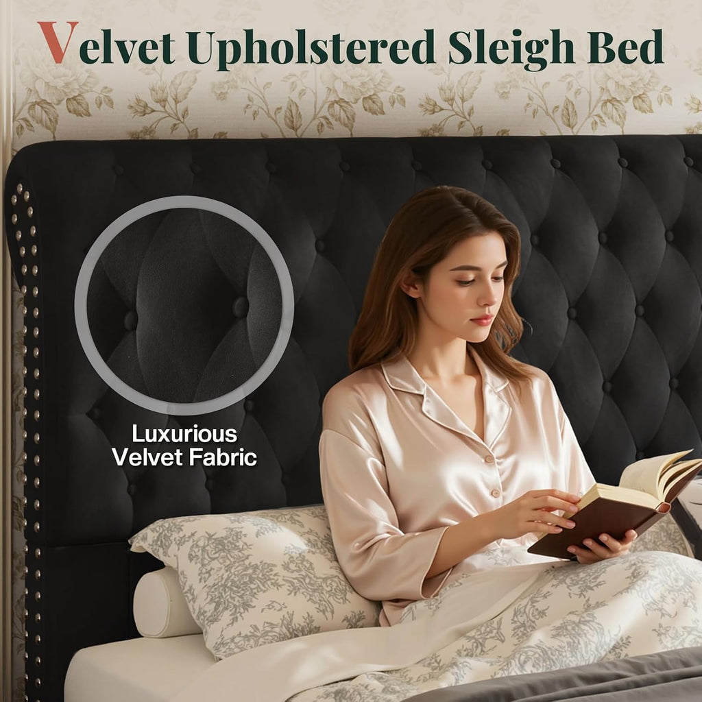 Jocisland Queen Bed Frame with 53' Tall Headboard, Velvet Upholstered Platform Sleigh Bed with Button Tufted, Solid Wood Legs, No Box Spring Needed, Easy Assembly, Black
