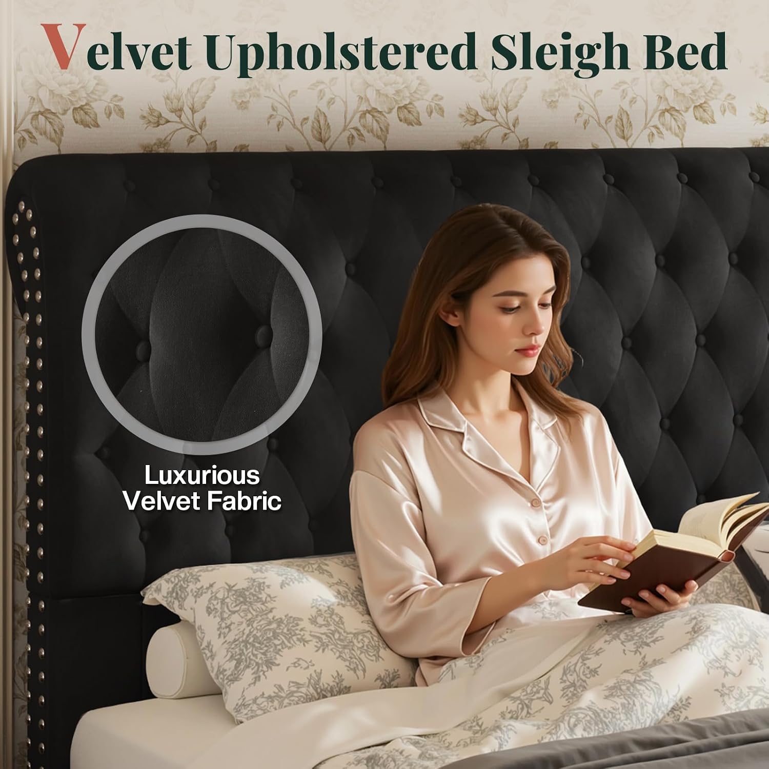 Jocisland Queen Bed Frame with 53' Tall Headboard, Velvet Upholstered Platform Sleigh Bed with Button Tufted, Solid Wood Legs, No Box Spring Needed, Easy Assembly, Black