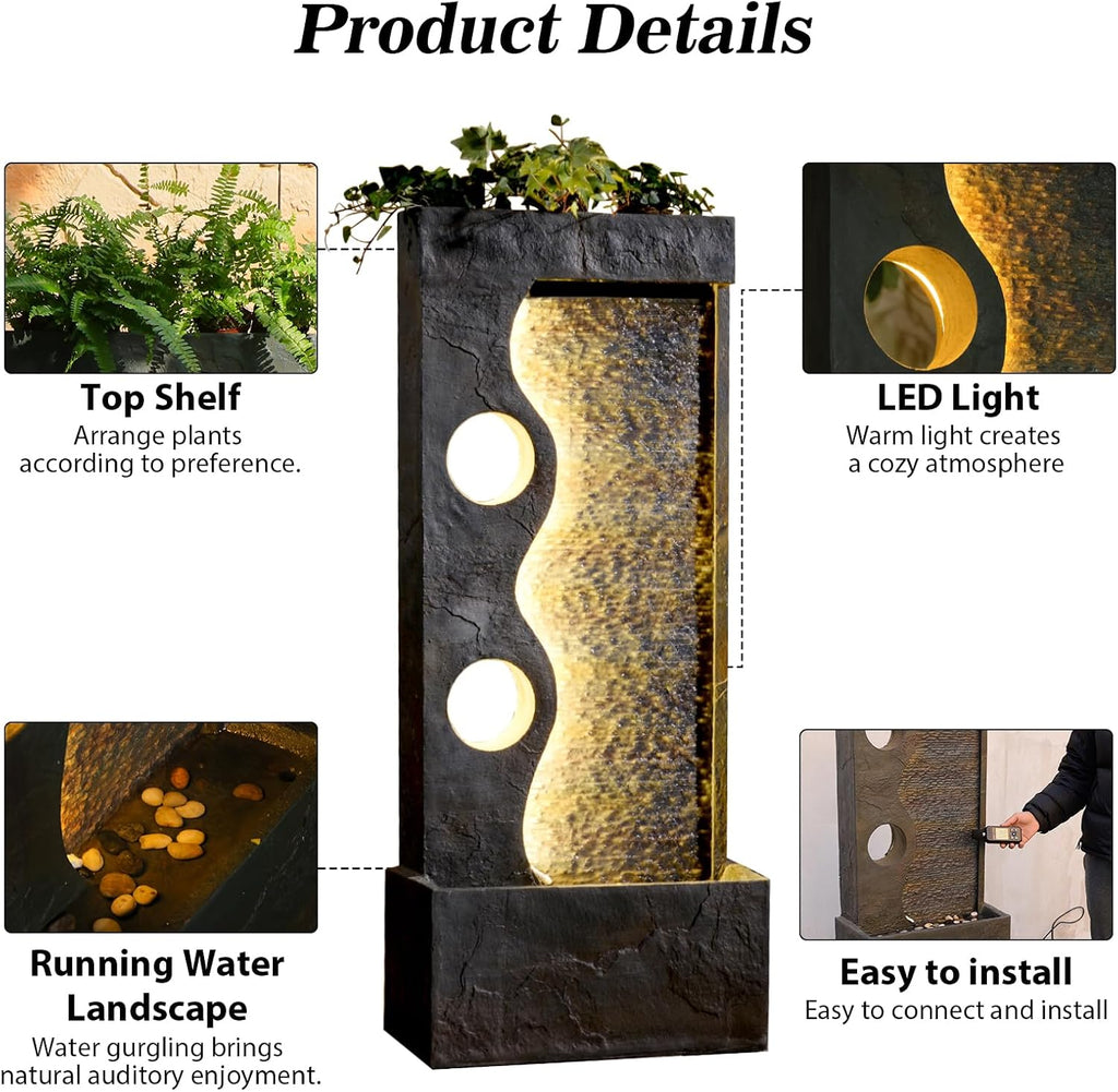 46.8' H Water Fountain Outdoor Water Fall Fountains Indoor Waterfall Modern Fountain with LED Lights Floor-Standing for Outside Garden, Patio, Backyard, Deck, Porch, Landscaping, Balconies