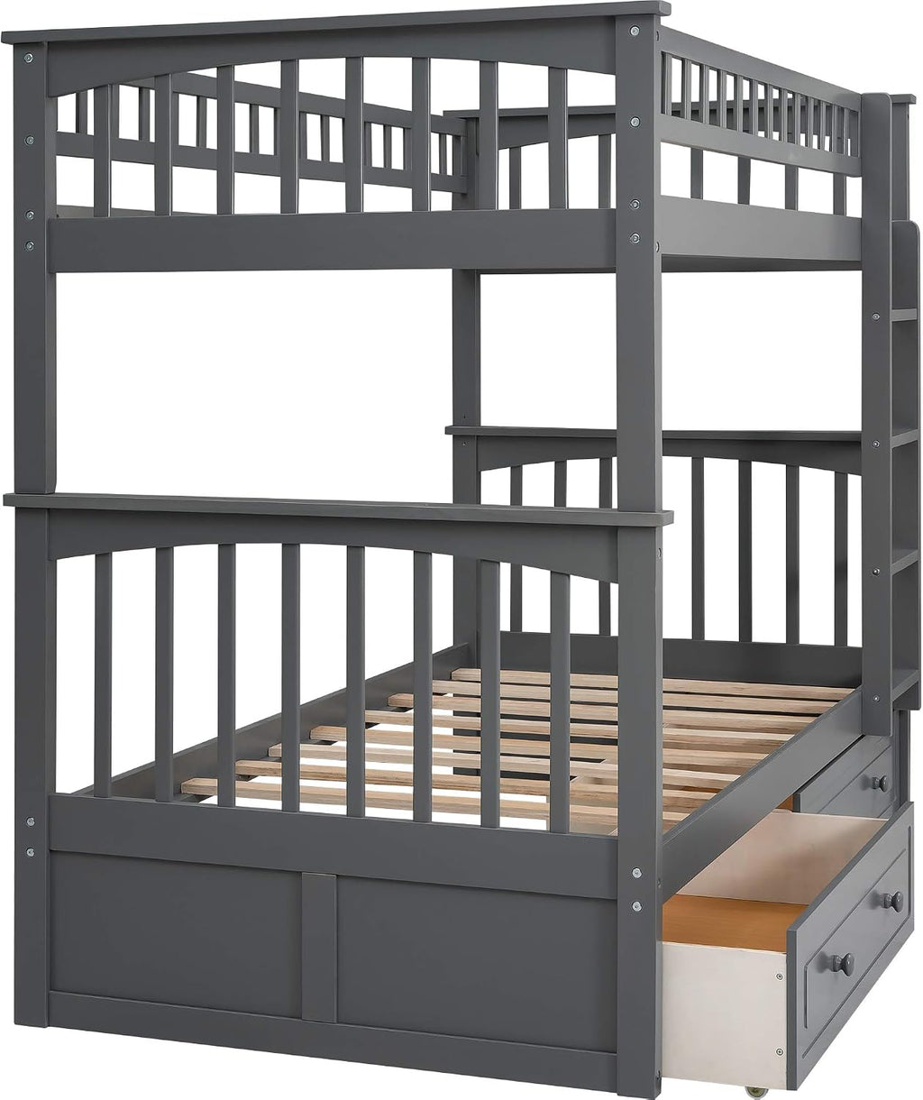 Harper & Bright Convertible Wood Twin-Over-Twin Bunk Bed with Storage Drawers and Ladder - Can Be Divided Into Two Daybeds (Grey)
