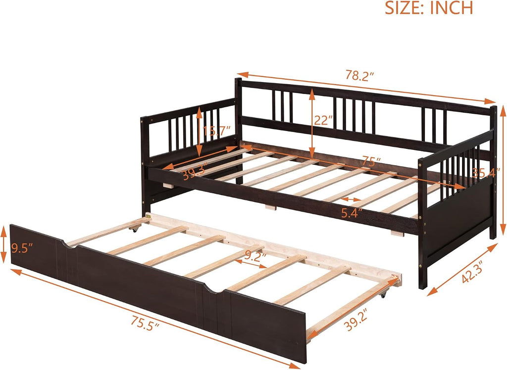 Merax Daybed with Trundle Bed Wooden Slats Support Modern Living Daybed with Rails, Twin Size, Espresso
