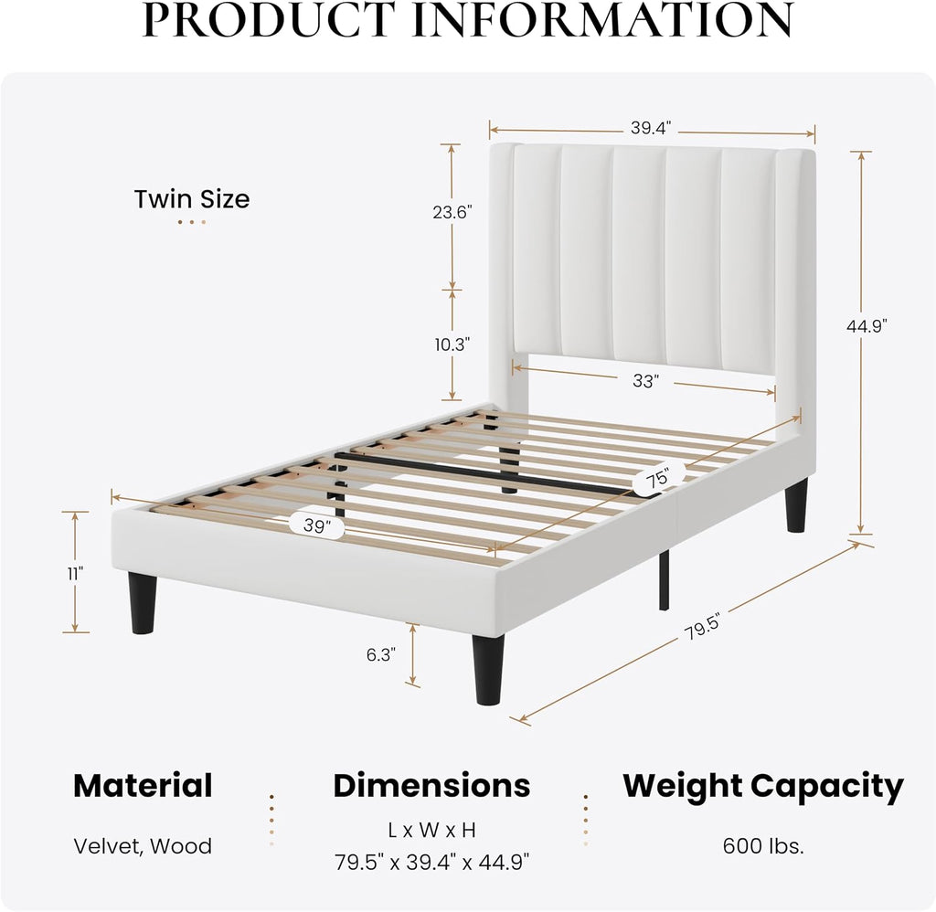 SHA CERLIN Twin Bed Frame/Velvet Upholstered Platform Bed Frame with Headboard/Strong Wood Slats Support/Mattress Foundation/No Box Spring Needed/Easy Assembly/White