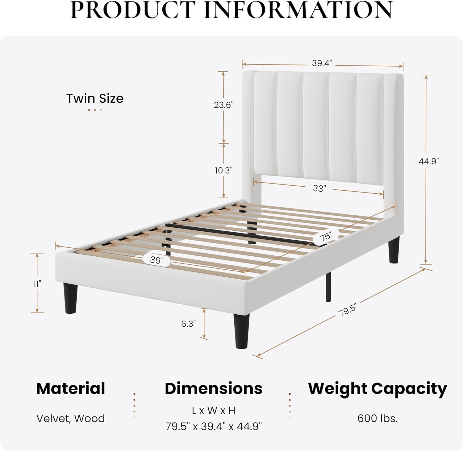 SHA CERLIN Twin Bed Frame/Velvet Upholstered Platform Bed Frame with Headboard/Strong Wood Slats Support/Mattress Foundation/No Box Spring Needed/Easy Assembly/White