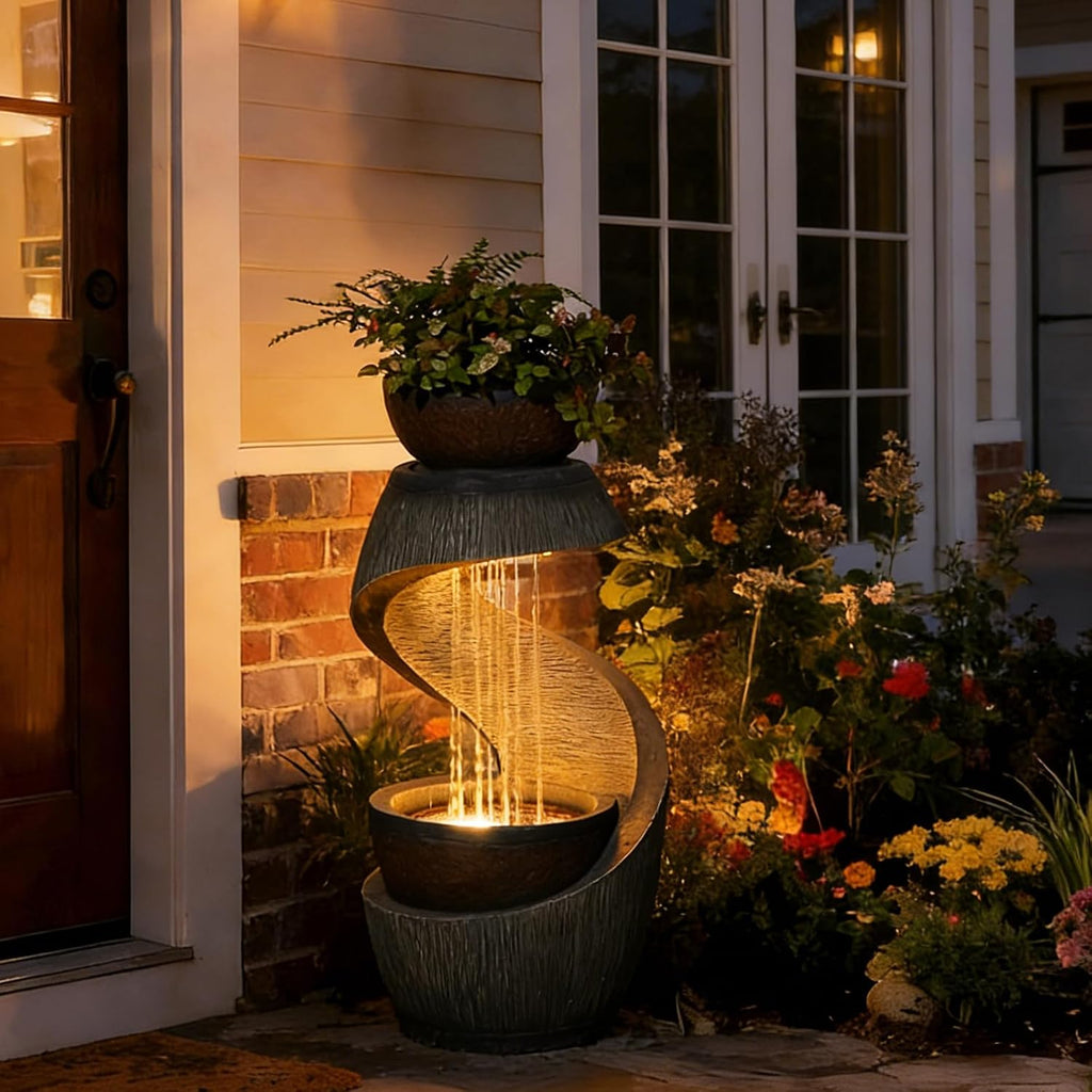 Outdoor Water Feature Patio Fountain with LED Lights, 31.9' Resin Garden Waterfall Fountain Outdoor, Modern S-Shaped Bowl Design Water Feature for Porch, Garden, Yard, Home Decor, Grey