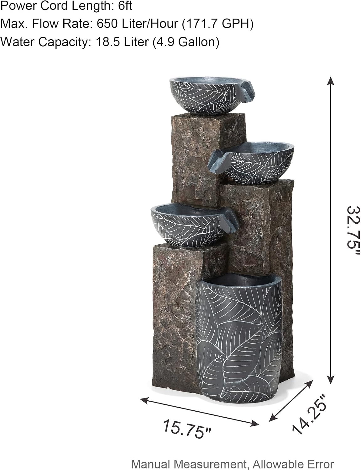 Glitzhome 32.75' H Outdoor Garden Water Fountain with LED Lights and Pump, Natural Leaf Textured 4-Tier Resin Cascading Floor-Standing Fountain for Porch Deck Patio Backyard Decoration