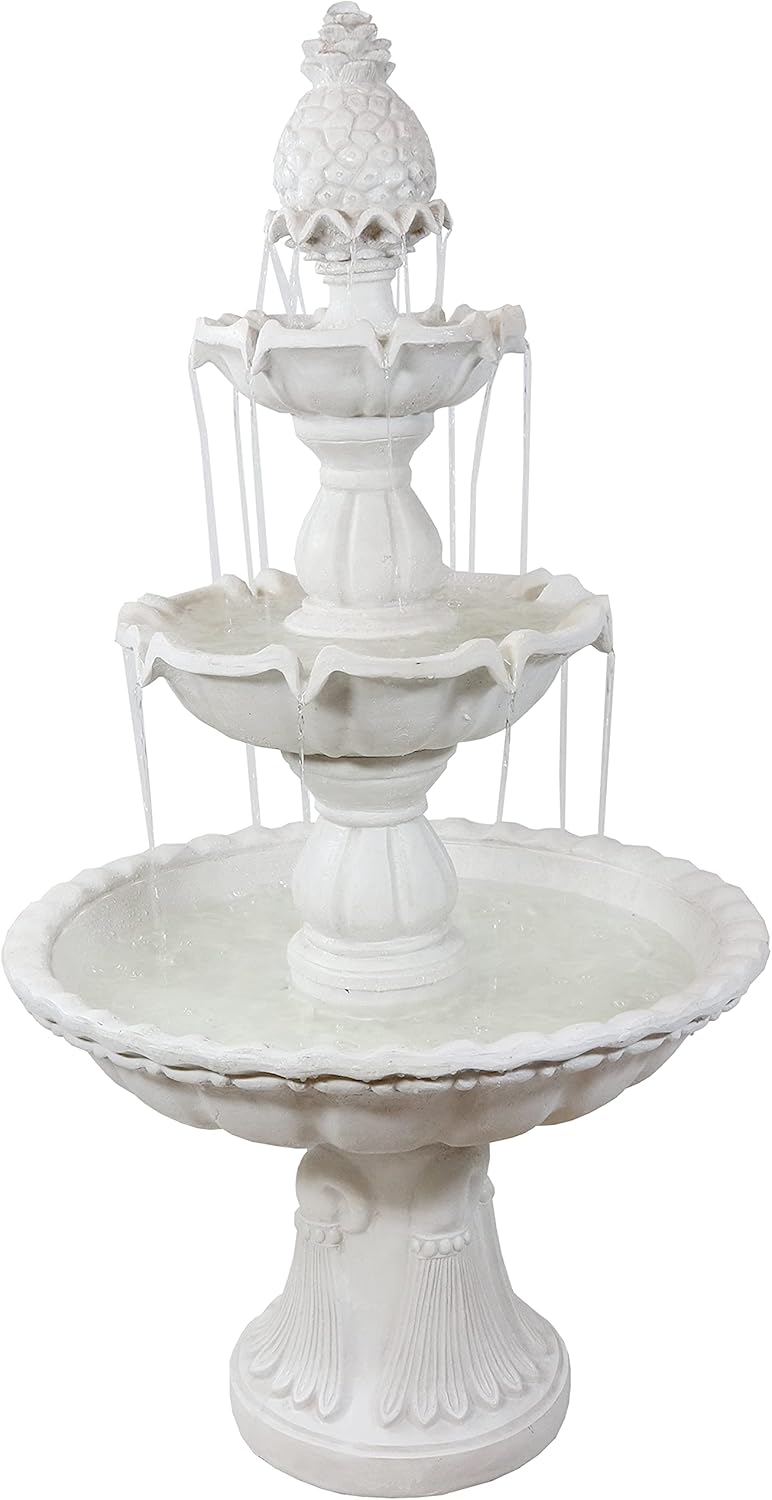 Sunnydaze 57' H Welcome 3-Tier Water Fountain - Large Electric Water Fountain with Pineapple Topper for Garden, Patio or Yard - White