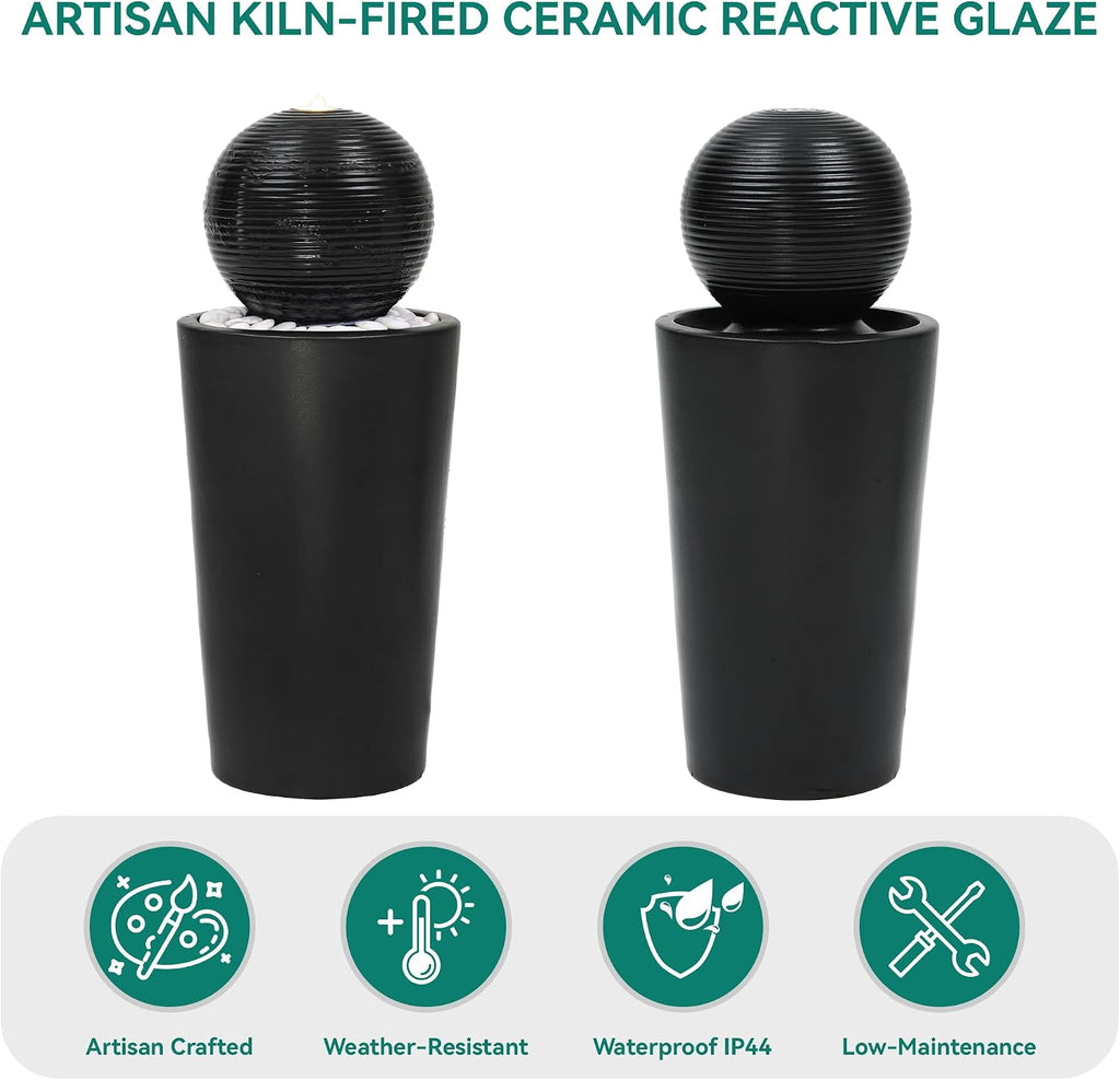 30' H Ceramic Sphere Water Fountain with LED Light, Modern Minimalist Design, Black Glaze with White Pebbles, Soothing Trickling Water Feature, Adding Artistic Charm & Tranquil Ambiance
