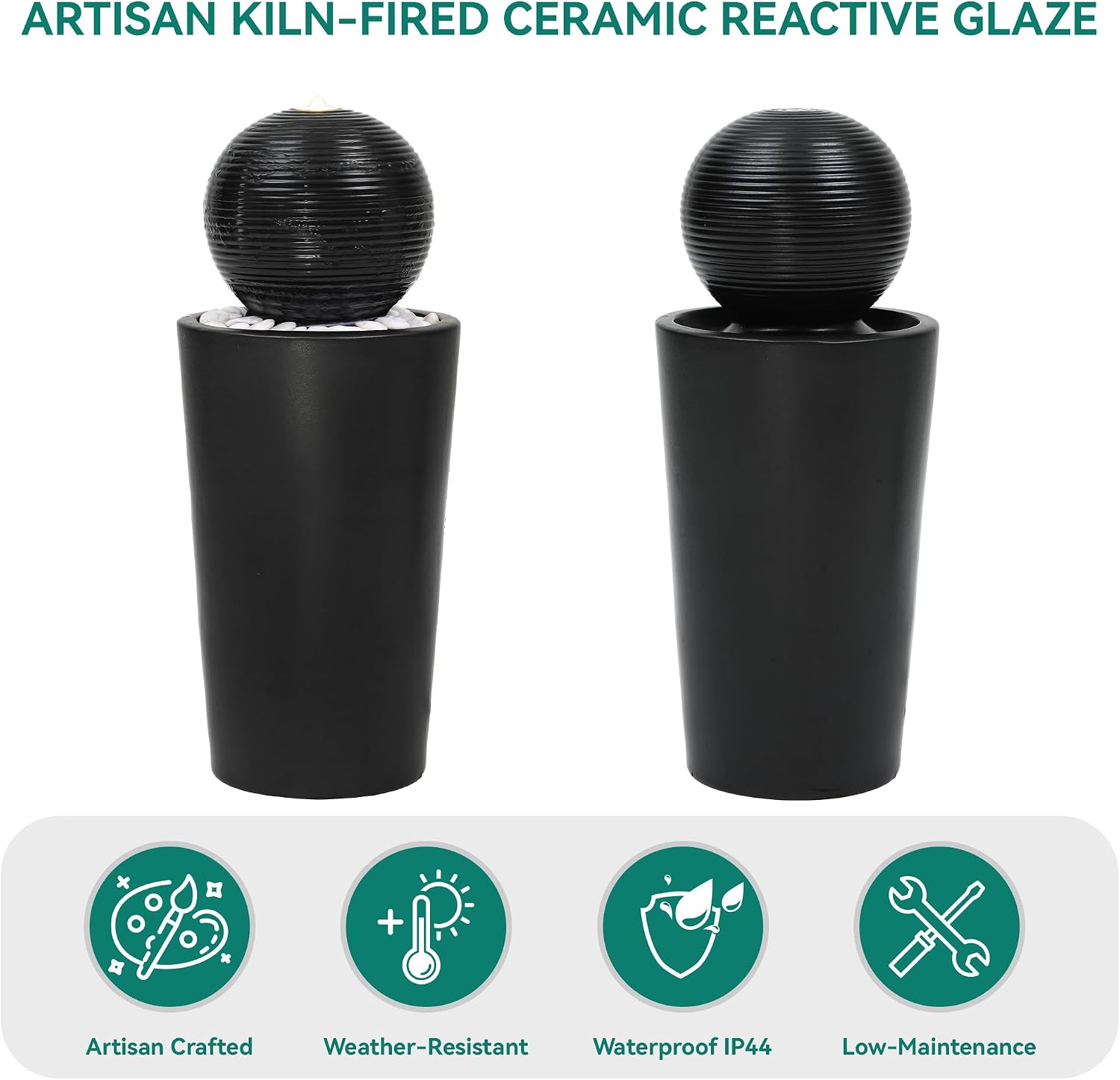 30' H Ceramic Sphere Water Fountain with LED Light, Modern Minimalist Design, Black Glaze with White Pebbles, Soothing Trickling Water Feature, Adding Artistic Charm & Tranquil Ambiance