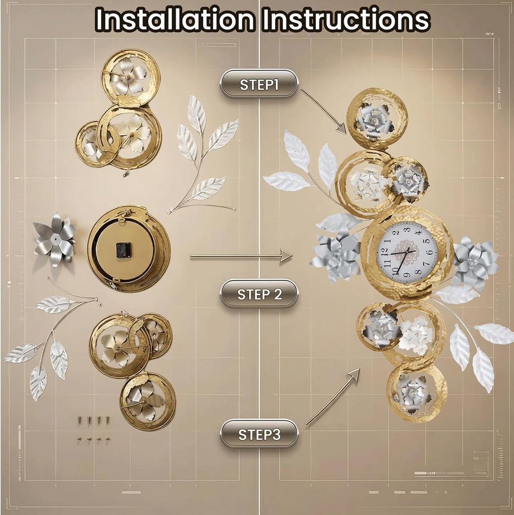 Large 3D Metal Wall Decor Vintage Gold Abstract Circular Exquisite Clocks And Black And White Gradient Metal Floral Wall Art Are Suitable For Aesthetic In Living rooms Bedrooms Kitchens And Offices