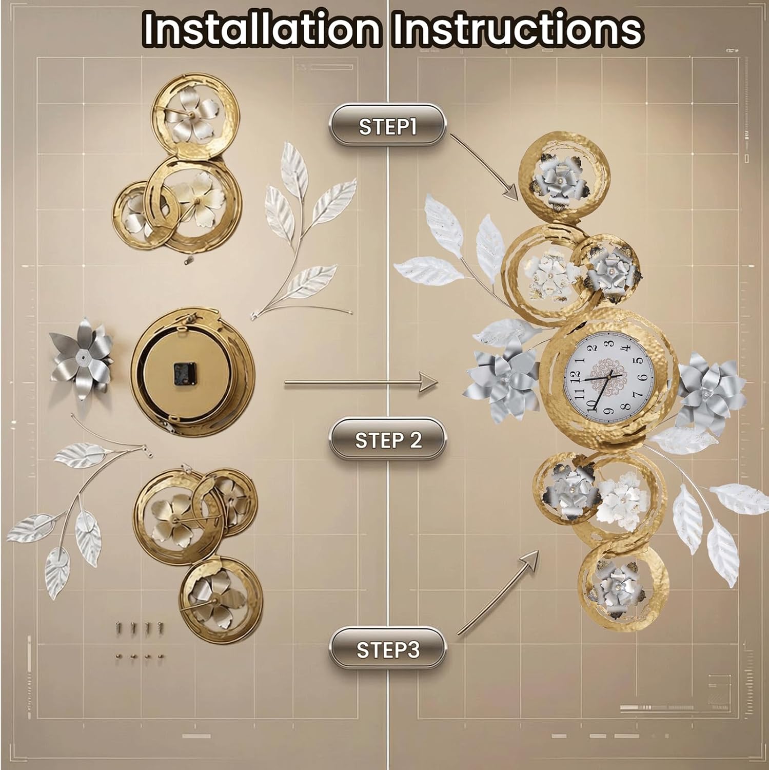 Large 3D Metal Wall Decor Vintage Gold Abstract Circular Exquisite Clocks And Black And White Gradient Metal Floral Wall Art Are Suitable For Aesthetic In Living rooms Bedrooms Kitchens And Offices