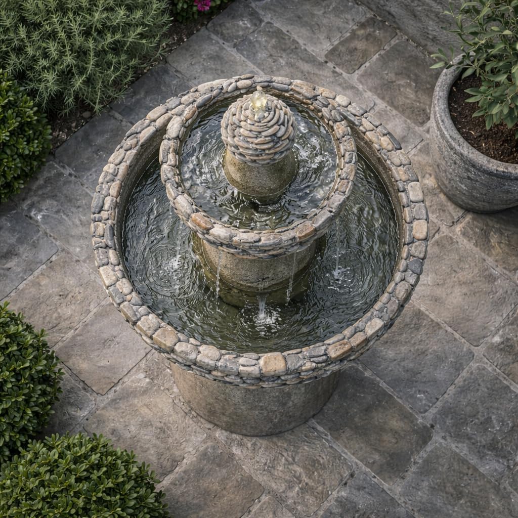 Teamson Home 36.5 in. Outdoor 3-Tier Zen-Style Pedestal Water Fountain in. with Stone Trim with Pump and 2.64 Gallon Capacity, Stone Gray