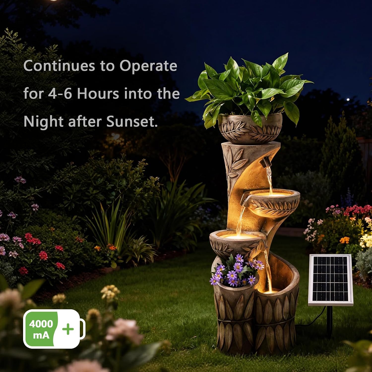 35.6' Solar Outdoor Water Fountain - Relief Leaf Design 4 Tiers Modern Cascading Bowls and Garden Fountains with Lights for Patio, Deck, Porch, Lawns, Backyard and Home Art Decor