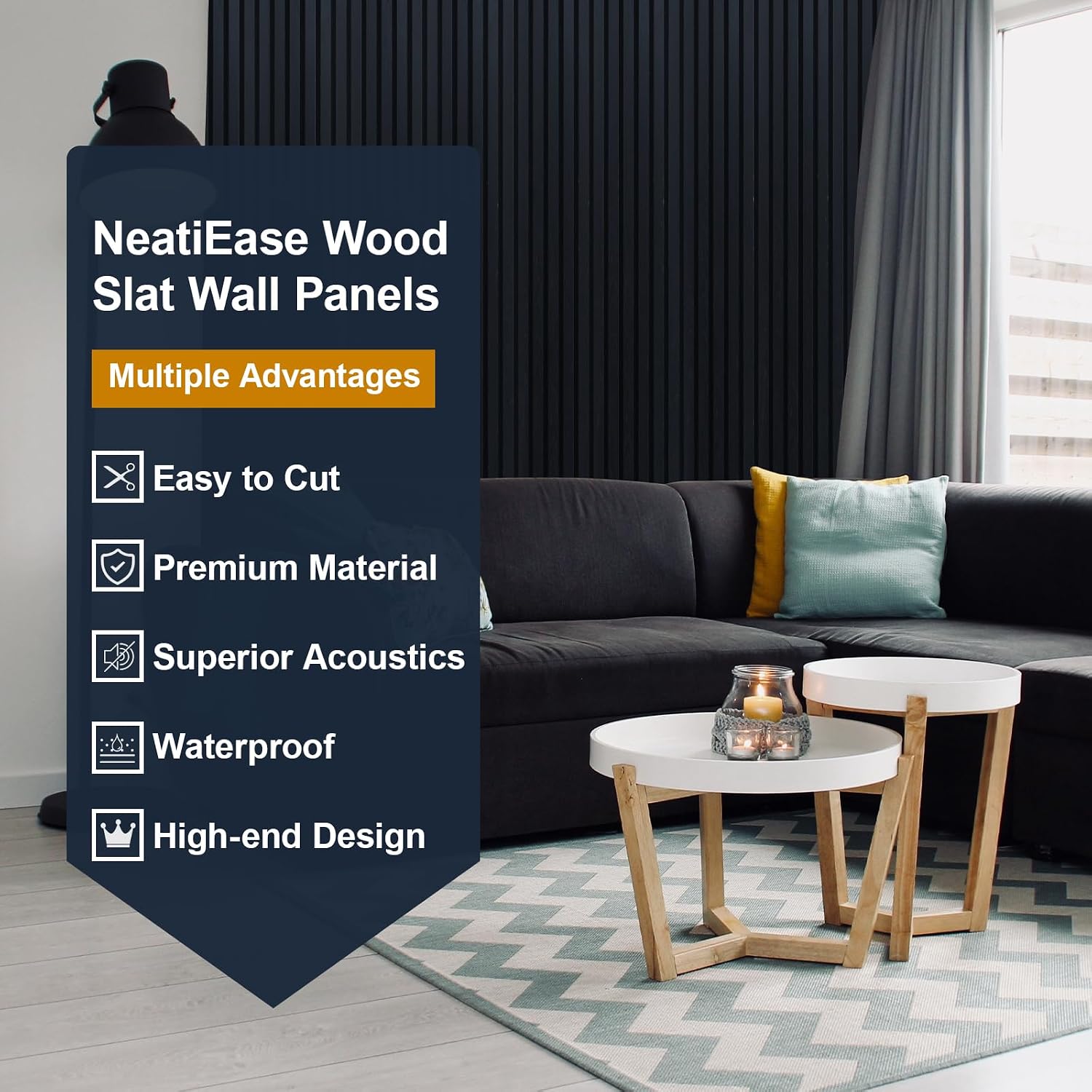 NeatiEase Wood Panels for Wall, 4-Piece 108' x 12.6' Soundproof Wood Slat Wall Panel for Interior Wall Decor Noise Cancelling, Acoustic Wall Panels, Sound Absorbing Panel (Black)