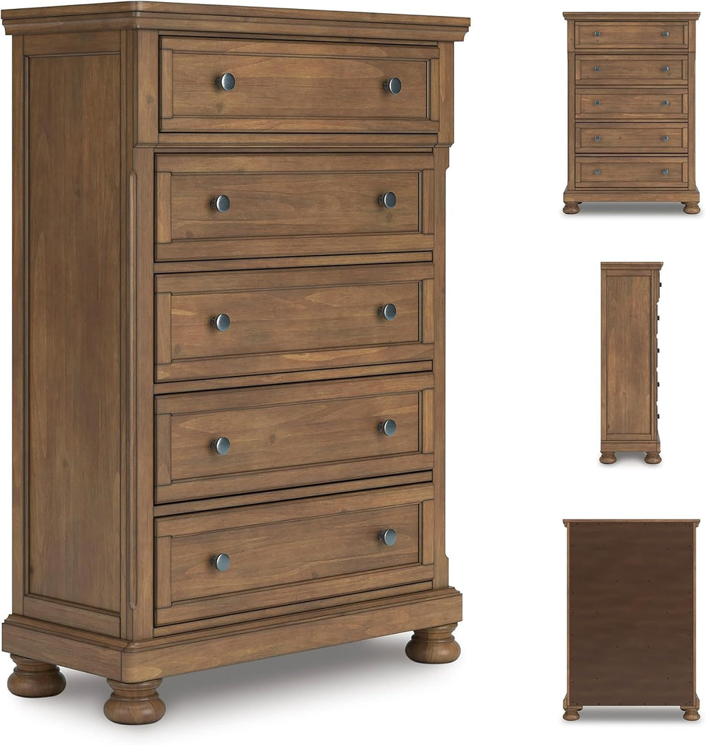 Signature Design by Ashley Glarrison Farmhouse 5-Drawer Chest with Felt-Lined Top Drawer and Easy Glide for Bedroom, Light Brown