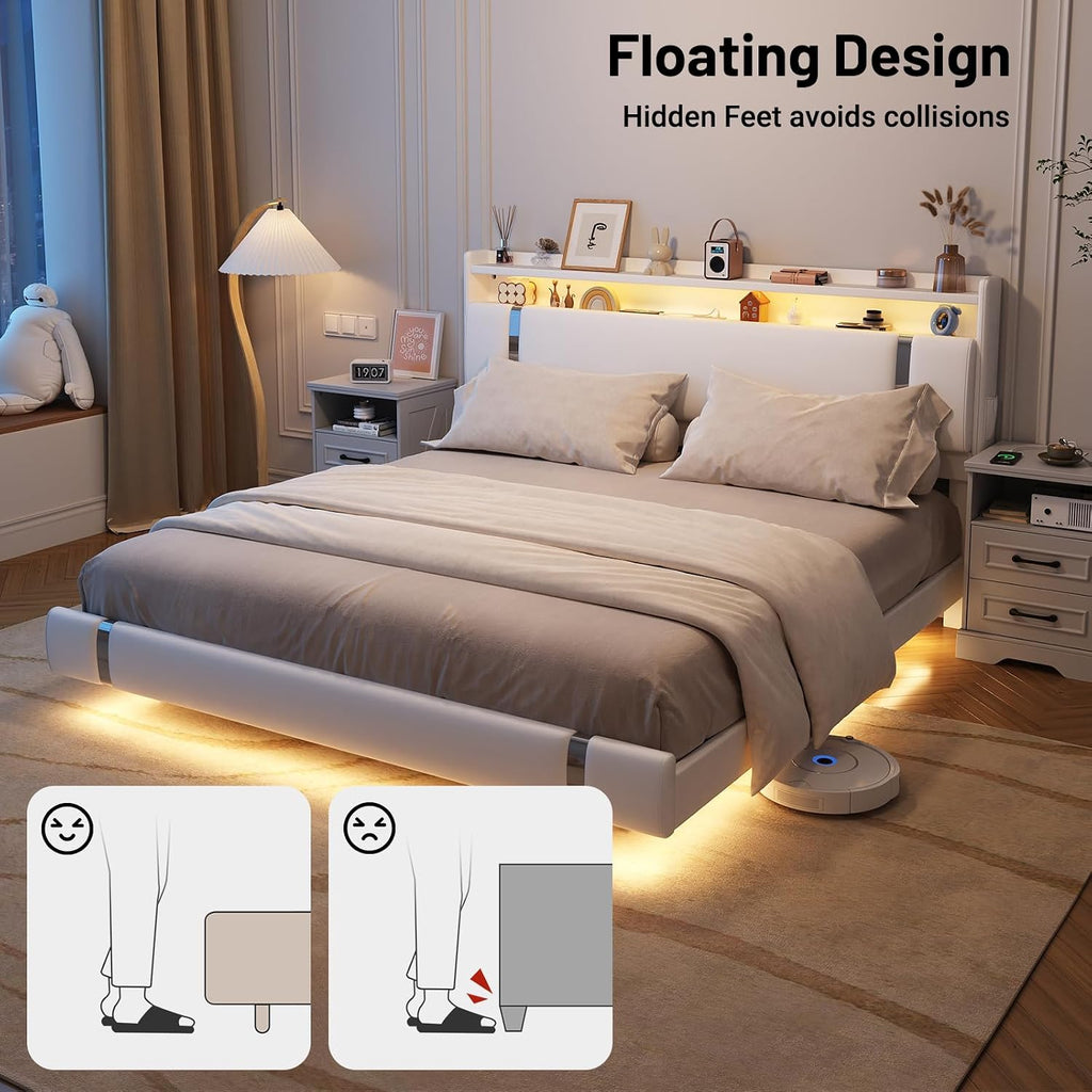 Floating Bed Frame with Storage Headboard, Modern White King Size Bed Frame with LED Light and Charging Station, Upholstered Platform Bed Frame, No Box Spring Needed, Metal Frame Noise-Free