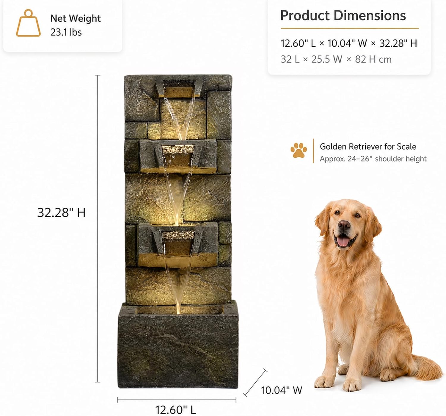 Bumilgar 32.28' H 4-Tier Indoor/Outdoor Modern Water Fountain with Led Lights and Pump, Outdoor Freestanding Cascading Waterfall - Suitable for Garden, Patio, Porch, Yard and Outdoor Decor